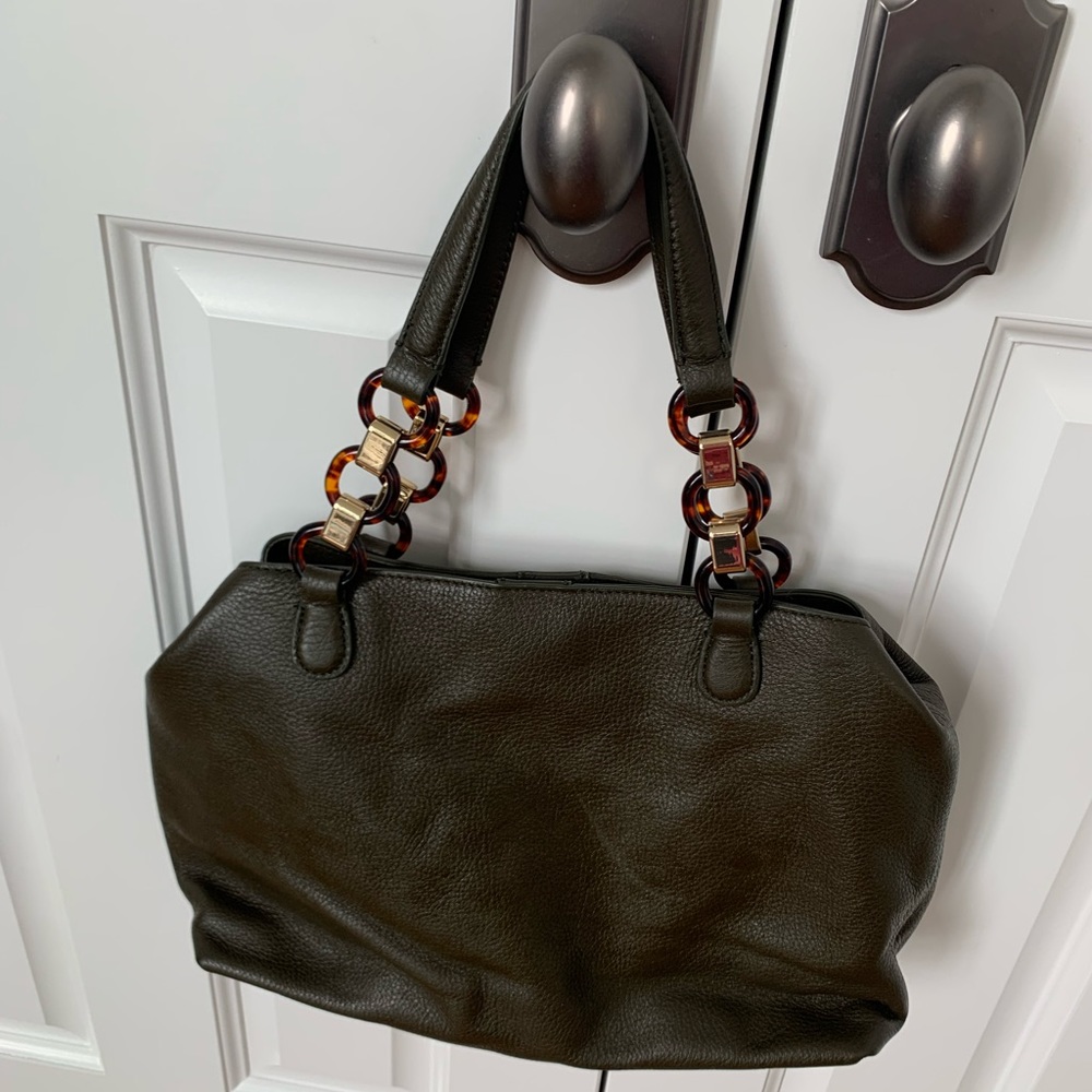 Olive pebbles leather shoulder bag, can be worn cross-body, by Talbots.